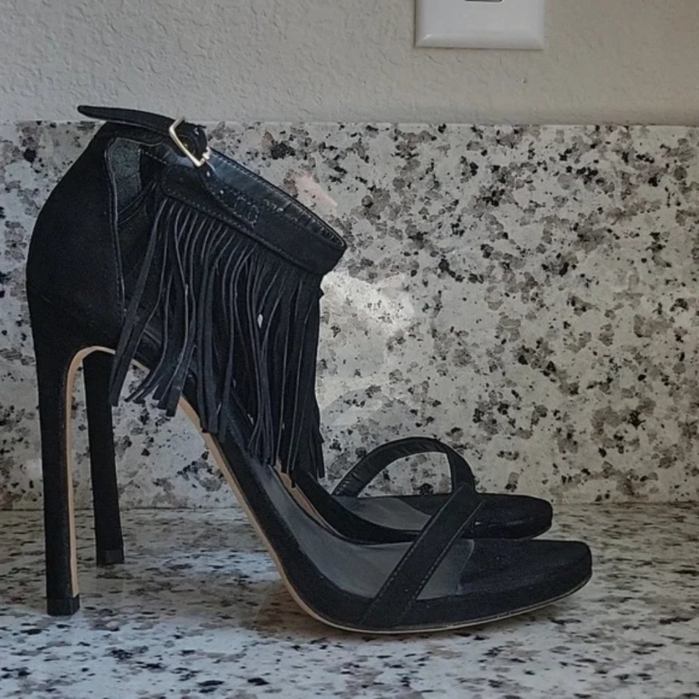Stuart Weitzman Black Fringe Ankle-Strap Stiletto Sandals